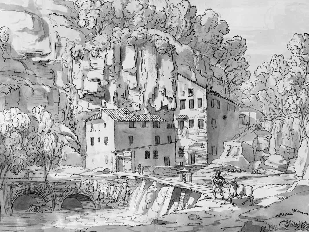 Luigi Basiletti-72-Paesaggio con torrente e case addossate alla roccia